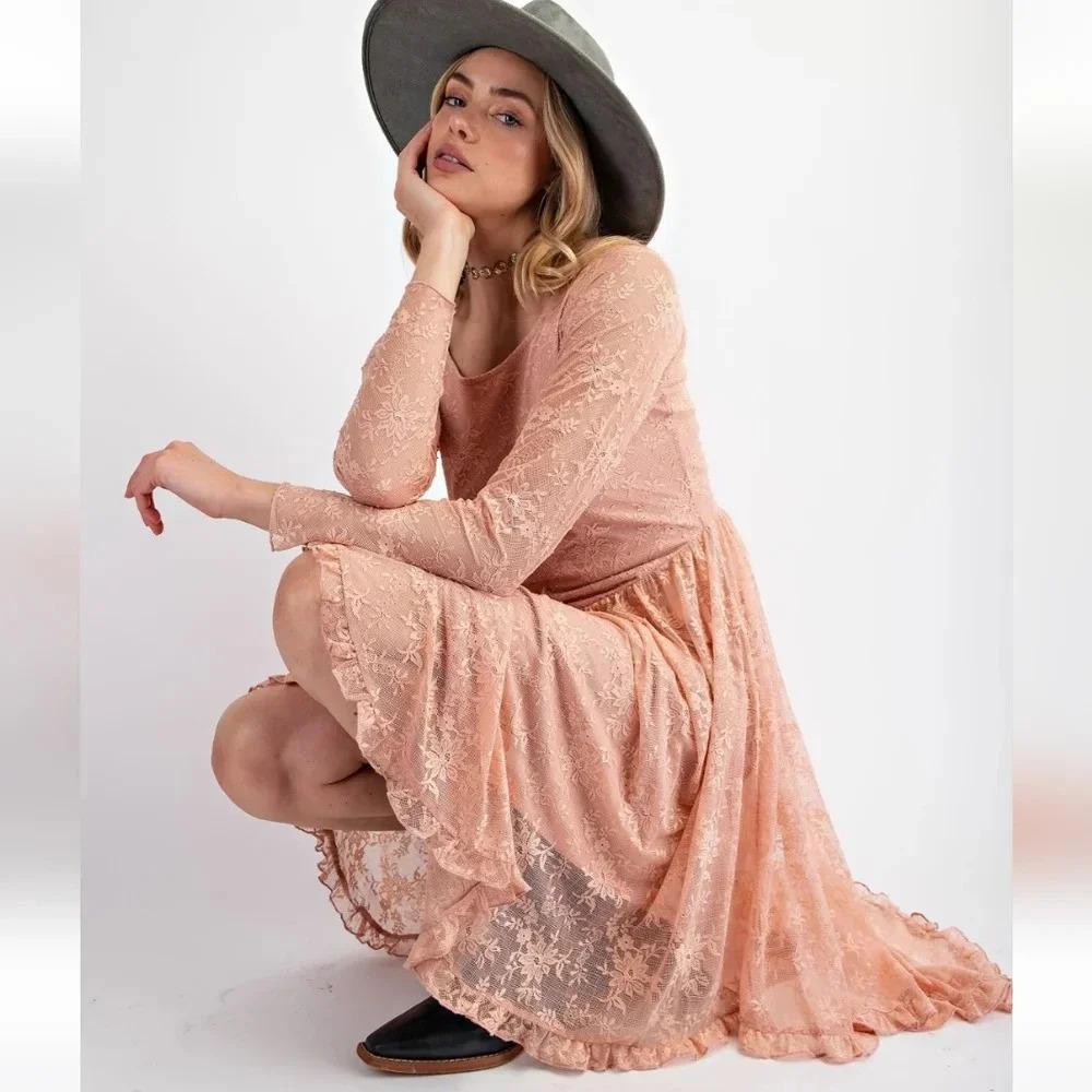 New Easel Lace Layered Long Sleeve Midi Dress Mauve Pink